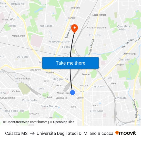 Caiazzo M2 to Università Degli Studi Di Milano Bicocca map