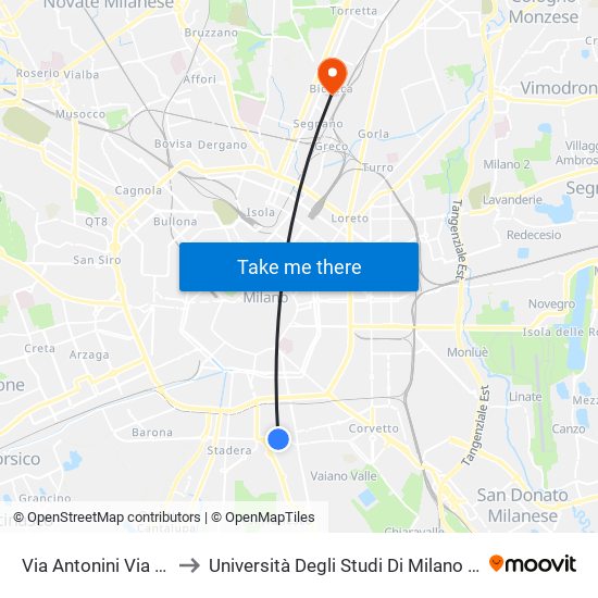 Via Antonini Via Verro to Università Degli Studi Di Milano Bicocca map