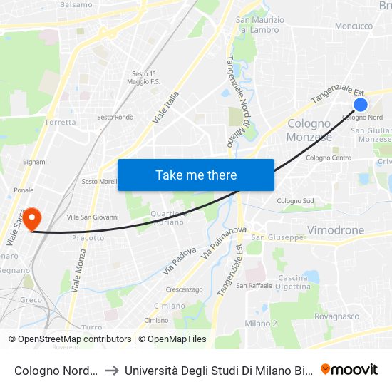 Cologno Nord M2 to Università Degli Studi Di Milano Bicocca map