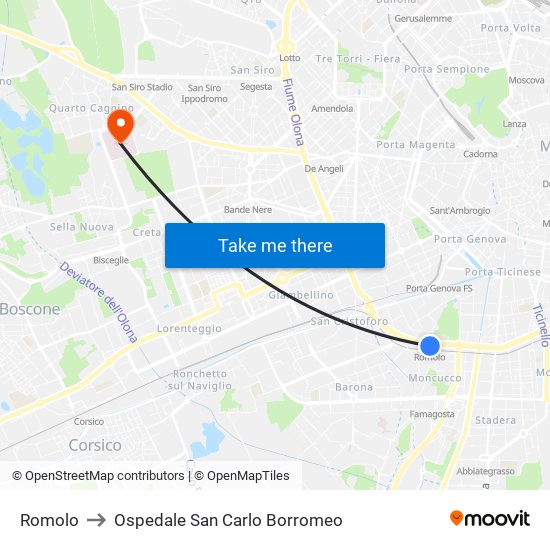 Romolo to Ospedale San Carlo Borromeo map