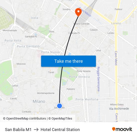 San Babila M1 to Hotel Central Station map