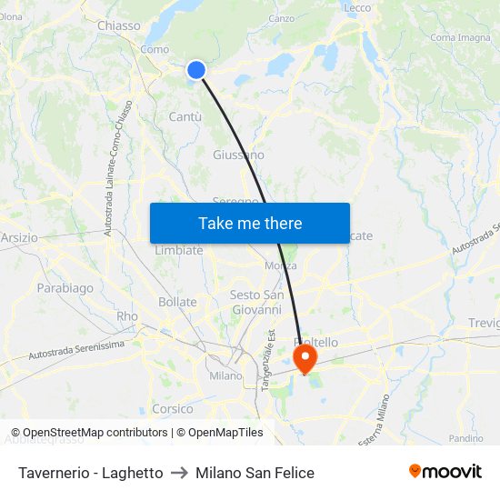 Tavernerio - Laghetto to Milano San Felice map