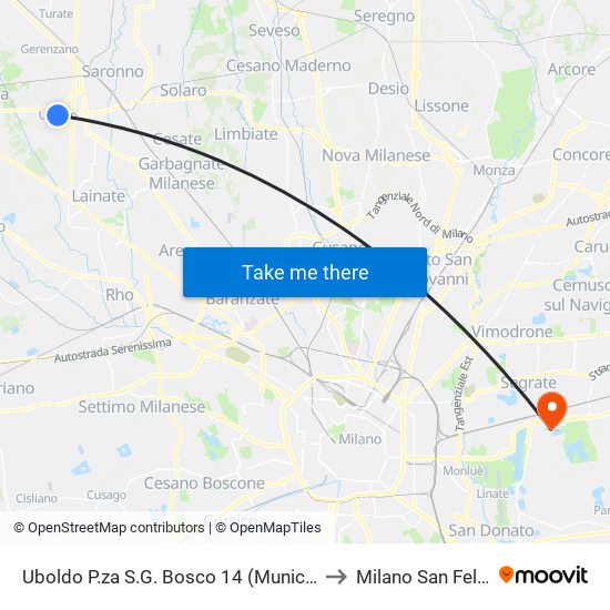 Uboldo P.za S.G. Bosco 14 (Municipio) to Milano San Felice map
