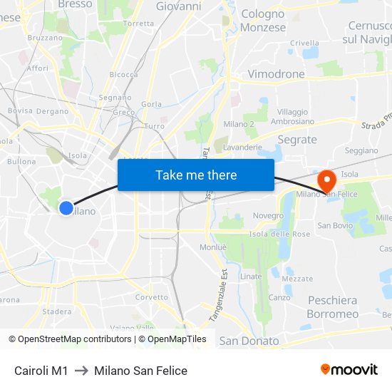 Cairoli M1 to Milano San Felice map