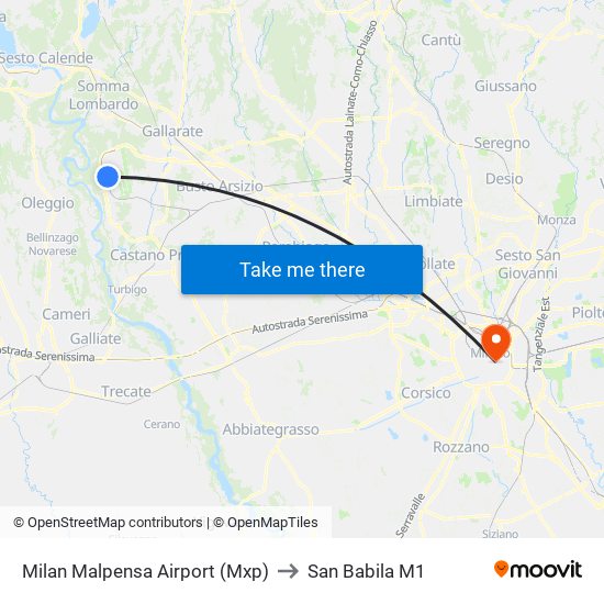 Milan Malpensa Airport (Mxp) to San Babila M1 map