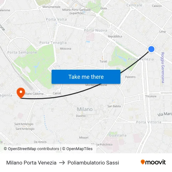 Milan Porta Venezia to Sassi Polyclinic map