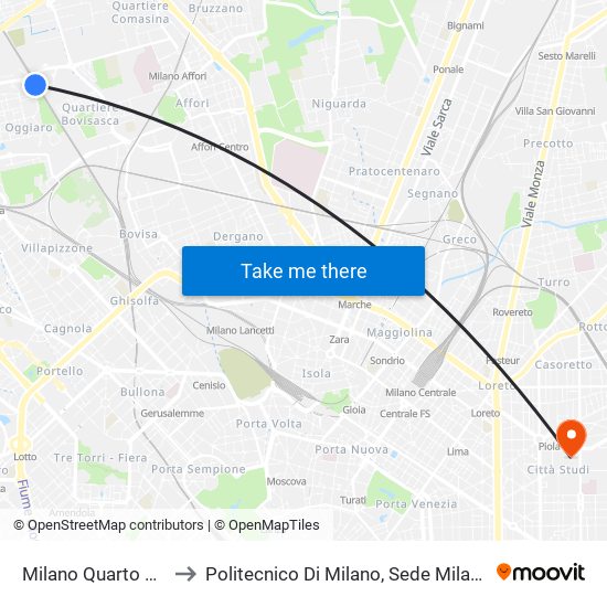 Milano Quarto Oggiaro to Politecnico Di Milano, Sede Milano Leonardo map