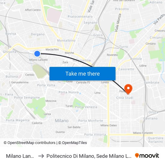 Milano Lancetti to Politecnico Di Milano, Sede Milano Leonardo map