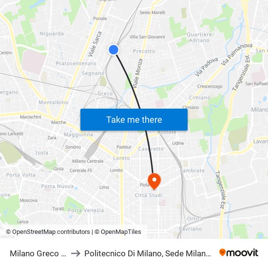 Milano Greco Pirelli to Politecnico Di Milano, Sede Milano Leonardo map