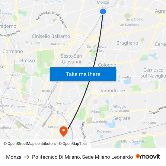 Monza to Politecnico Di Milano, Sede Milano Leonardo map