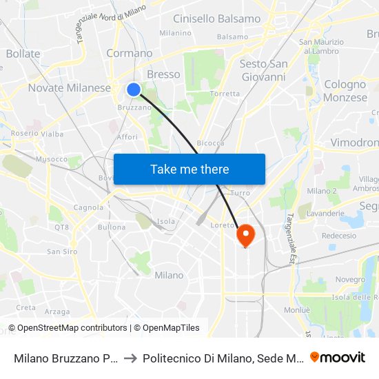 Milano Bruzzano Parco Nord to Politecnico Di Milano, Sede Milano Leonardo map