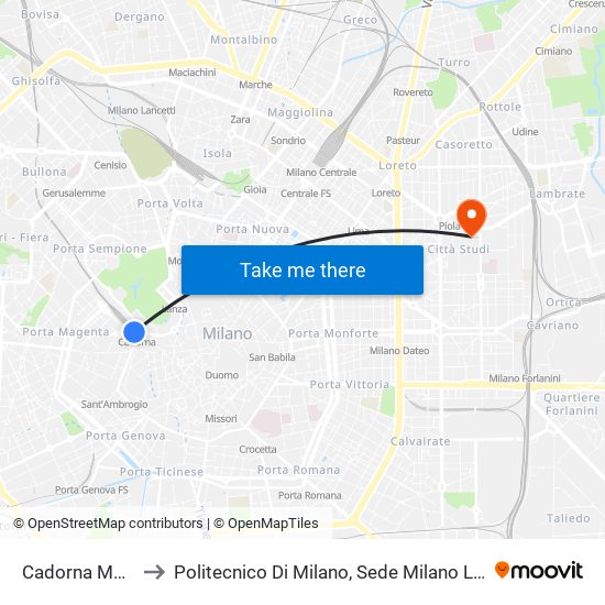 Cadorna M1 M2 to Politecnico Di Milano, Sede Milano Leonardo map