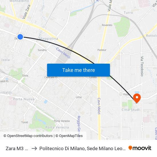 Zara M3 M5 to Politecnico Di Milano, Sede Milano Leonardo map