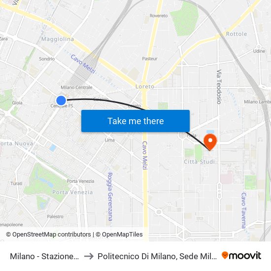 Milano - Stazione Centrale to Politecnico Di Milano, Sede Milano Leonardo map