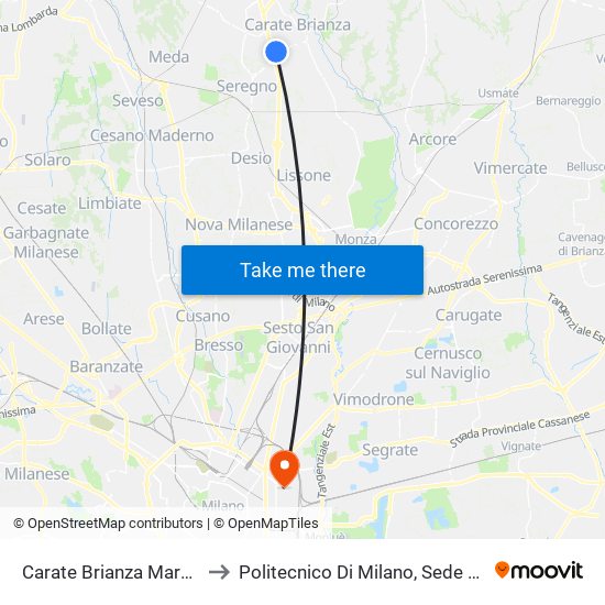 Carate Brianza Marengo/Milano to Politecnico Di Milano, Sede Milano Leonardo map