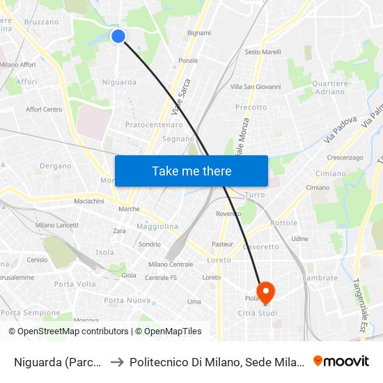 Niguarda (Parco Nord) to Politecnico Di Milano, Sede Milano Leonardo map