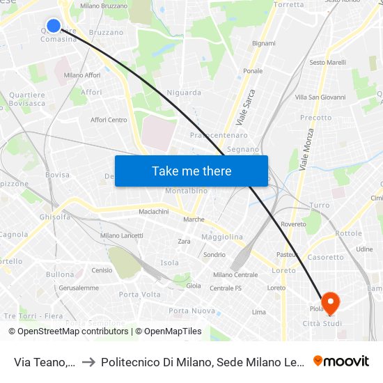 Via Teano, 21 to Politecnico Di Milano, Sede Milano Leonardo map