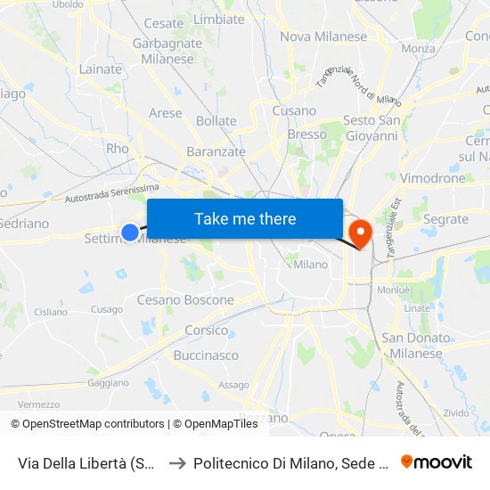 Via Della Libertà (Settimo M.Se) to Politecnico Di Milano, Sede Milano Leonardo map