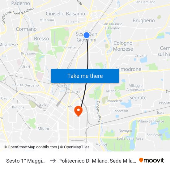 Sesto 1° Maggio FS M1 to Politecnico Di Milano, Sede Milano Leonardo map