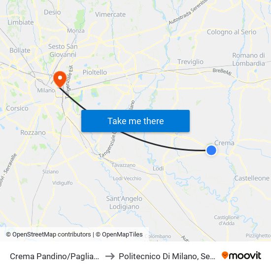 Crema Pandino/Pagliari (Q.Re Ombriano) to Politecnico Di Milano, Sede Milano Leonardo map
