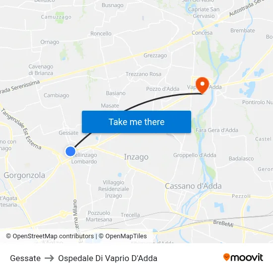 Gessate to Ospedale Di Vaprio D'Adda map