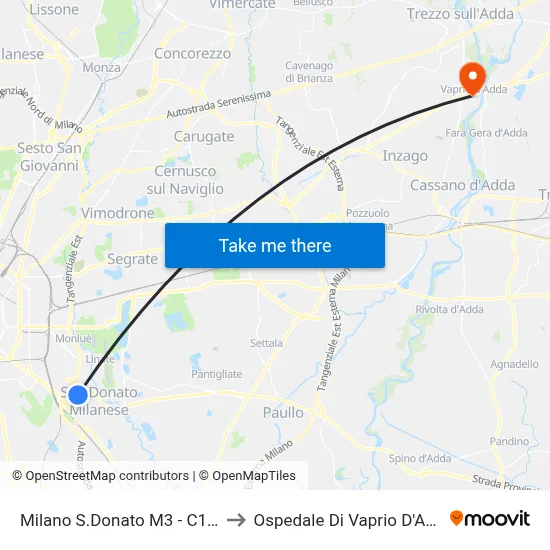 Milan San Donato M3 - C1 S4 to Vaprio D'Adda Hospital map