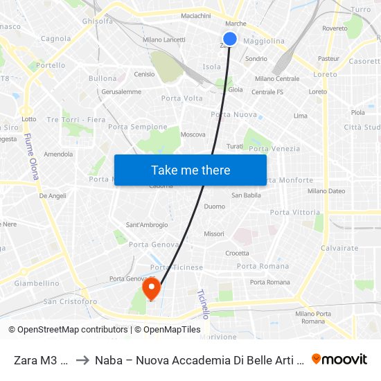 Zara M3 M5 to Naba – Nuova Accademia Di Belle Arti Milano map