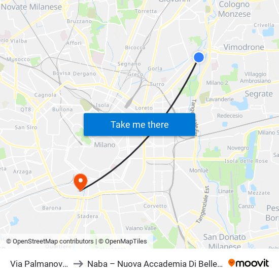 Via Palmanova, 221 to Naba – Nuova Accademia Di Belle Arti Milano map