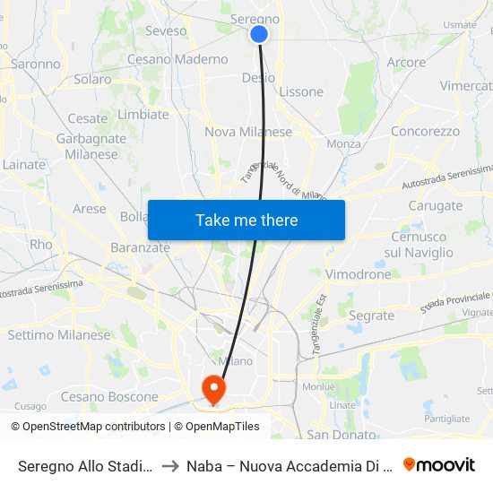 Seregno Allo Stadio/Bandiera to Naba – Nuova Accademia Di Belle Arti Milano map