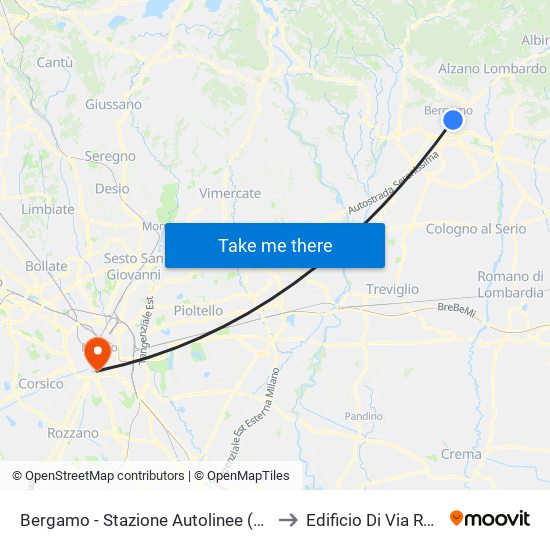 Bergamo - Stazione Autolinee (Pensilina 11) to Edificio Di Via Roentgen map