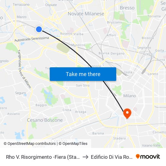 Rho V. Risorgimento -Fiera (Staz. FS - M1) to Edificio Di Via Roentgen map