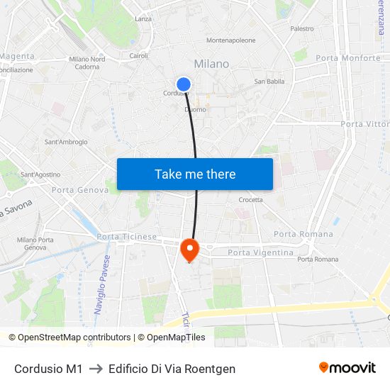 Cordusio M1 to Edificio Di Via Roentgen map