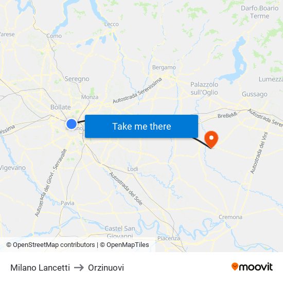 Milano Lancetti to Orzinuovi map