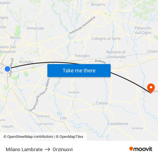 Milano Lambrate to Orzinuovi map