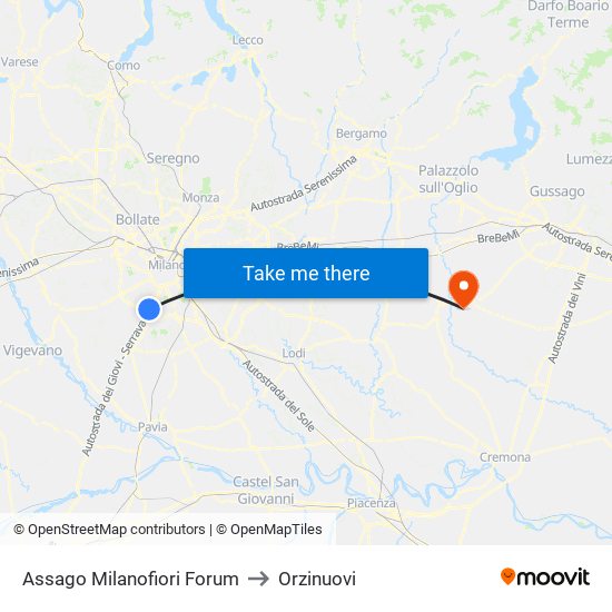 Assago Milanofiori Forum to Orzinuovi map