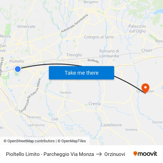 Pioltello Limito - Parcheggio Via Monza to Orzinuovi map