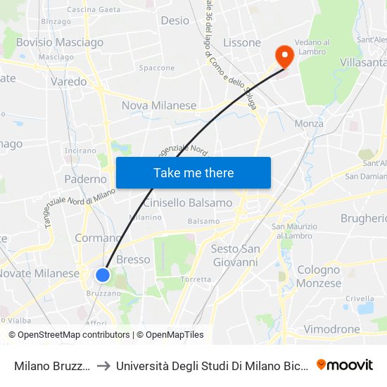 Milano Bruzzano Parco Nord to Università Degli Studi Di Milano Bicocca - Facoltà Di Medicina E Chirurgia map