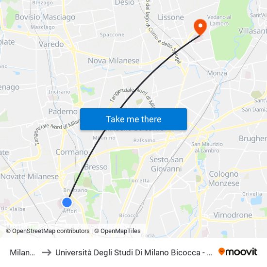 Milano Affori to Università Degli Studi Di Milano Bicocca - Facoltà Di Medicina E Chirurgia map