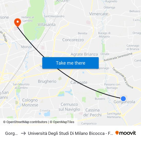 Gorgonzola to Università Degli Studi Di Milano Bicocca - Facoltà Di Medicina E Chirurgia map