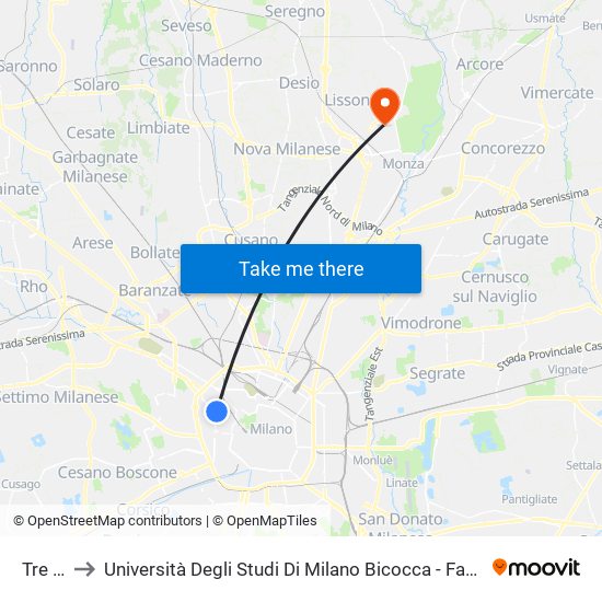 Tre Torri to Università Degli Studi Di Milano Bicocca - Facoltà Di Medicina E Chirurgia map