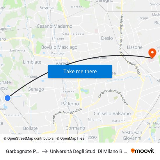 Garbagnate Parco Delle Groane to Università Degli Studi Di Milano Bicocca - Facoltà Di Medicina E Chirurgia map