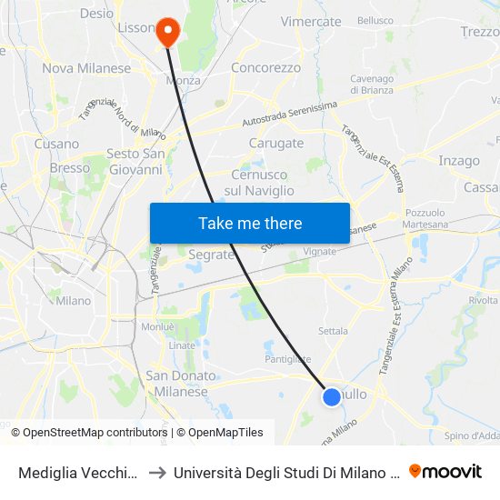 Mediglia Vecchia Paullese (P.Te Muzza) to Università Degli Studi Di Milano Bicocca - Facoltà Di Medicina E Chirurgia map