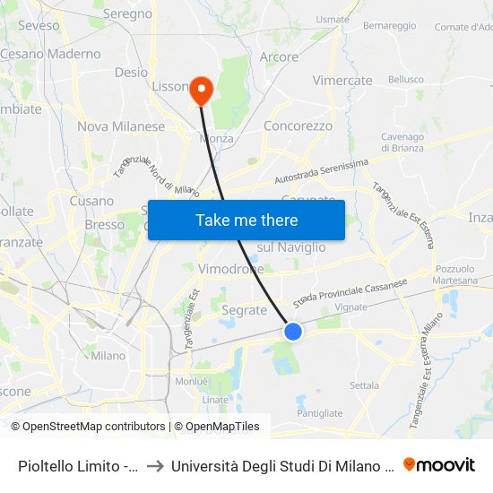 Pioltello Limito - Parcheggio Via Monza to Università Degli Studi Di Milano Bicocca - Facoltà Di Medicina E Chirurgia map
