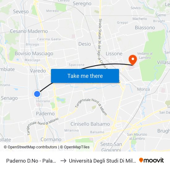 Paderno D.No - Palazzolo - P.za Hiroshima 4 (Staz. Fnm) to Università Degli Studi Di Milano Bicocca - Facoltà Di Medicina E Chirurgia map