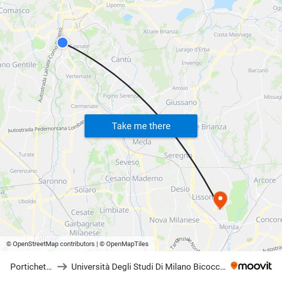 Portichetto-Luisago to Università Degli Studi Di Milano Bicocca - Facoltà Di Medicina E Chirurgia map