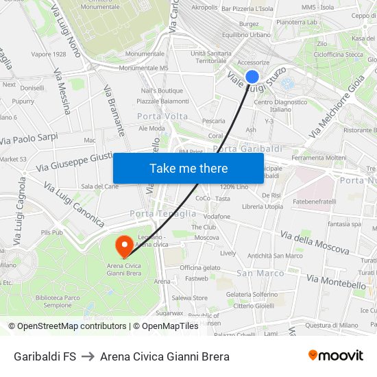 Garibaldi FS to Arena Civica Gianni Brera map
