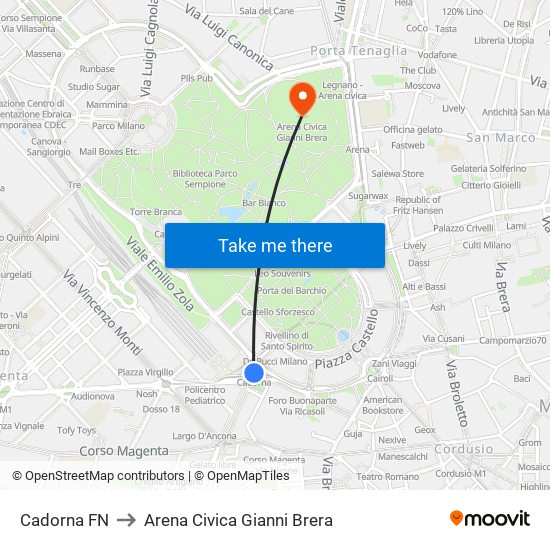 Cadorna FN to Arena Civica Gianni Brera map