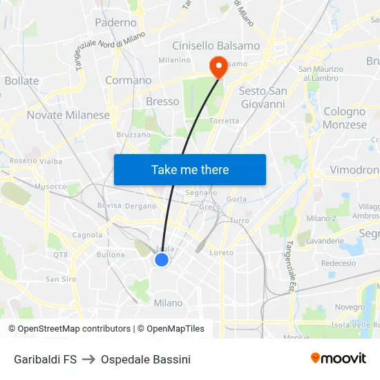 Garibaldi Station to Bassini Hospital map