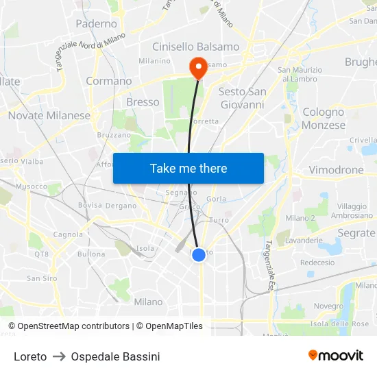 Loreto to Bassini Hospital map