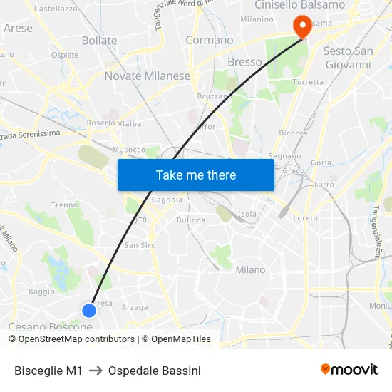 Bisceglie M1 to Bassini Hospital map